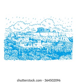 View of Parthenon temple on the Acropolis of Athens, Greece. Vector freehand pencil sketch.