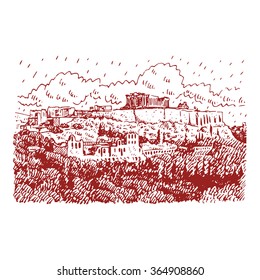 View of Parthenon temple on the Acropolis of Athens, Greece. Vector freehand pencil sketch.