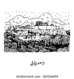 View of Parthenon temple on the Acropolis of Athens, Greece. Vector freehand pencil sketch.