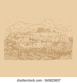 View of Parthenon temple on the Acropolis of Athens, Greece. Vector freehand pencil sketch.