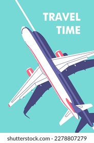 View of a passenger plane parked on the runway. Concept of travel. Perfect background on the theme of season vacation, weekend. Vector illustration in minimalistic style.