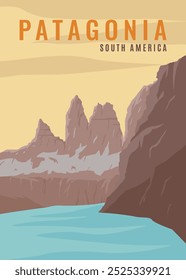 View of Patagonia mountains and lakes in South America, landscape poster illustration design