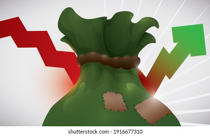 View of patched satchel depicting Economic Recovery with upward green arrow then crisis, represented with red downward line.