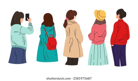 View of people from the back. Young people, students. Crowd view from the back. Flat illustration on white background. 