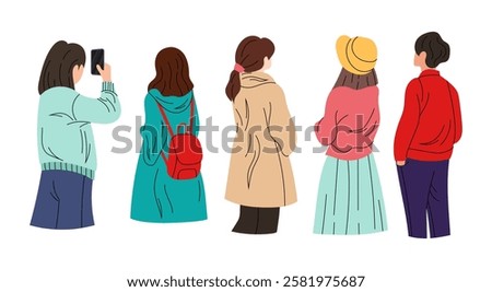 View of people from the back. Young people, students. Crowd view from the back. Flat illustration on white background. 