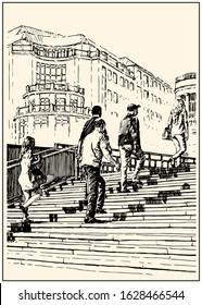 View of people climbing on the stairs. Walking up persons, rear view. Black and white hand drawing with pen and ink. Engraving, etching, sketch style. Poster, calendar, postcard.