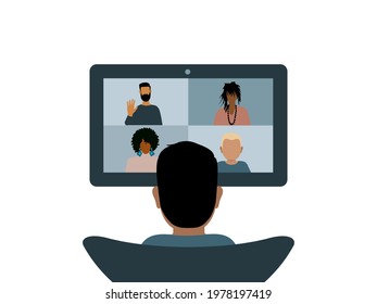 View of a person from the back talking to colleagues, friends or patients. Online video communication. A group of people at a psychologist's appointment. Remote workers. Vector graphics.