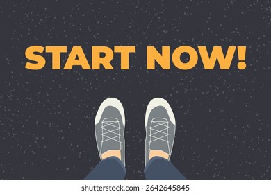 view of person feet standing on asphalt road with text start now; ideal for use in self-improvement blogs, coaching websites, business presentations, or motivational materials- vector illustration