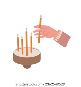 View of person putting burning candle in bowl on altar in church. Hand with candle. Vector illustration praying man