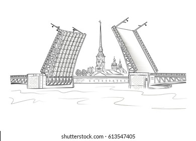 View of the Peter and Paul Fortress from the Neva River through the drawbridge. Sights of St. Petersburg.