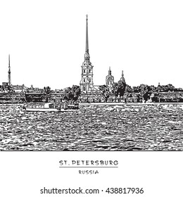 ?anoramic view of Peter-Pavel Fortress in St. Petersburg, Russia. Black and white vector Image. EPS 10. Easy editable image. Result of Auto-Trace.