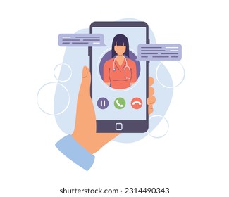 View from phone screen of patient talking to doctor. Distance communication with therapists using video calls. Modern medicine services. Vector illustration