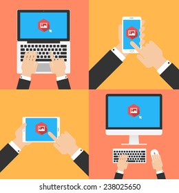 view photo with electronic devices. smart phone, tablet, laptop, computer