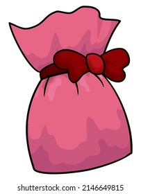 View of pink satchel, decorated with a red bow tie. Design in cartoon style and outlines, isolated over white background.