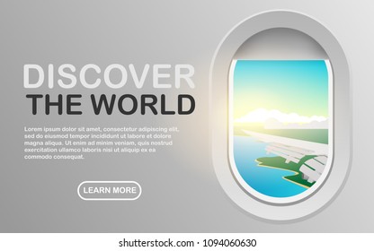 View of plane' cabin windows with view of sea coast in early morning sky with sunrise and sun ray into plane cabin,and copy space for text (Discover the world) in horizontal poster style