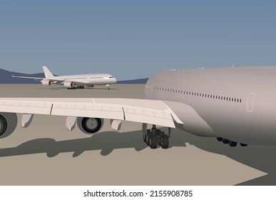 View of the plane on the background of the mountains. Vector.