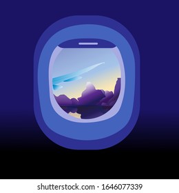 View from the plane. Passenger airline.
airplane window landscape, view of mountains, and lake. The plane takes off in the morning. Flat web banner. Vector illustration