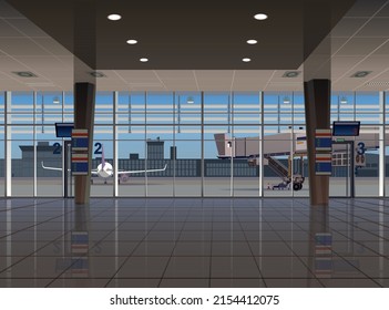 
View of the plane and the telescopic ladder from the airport terminal. Vector.