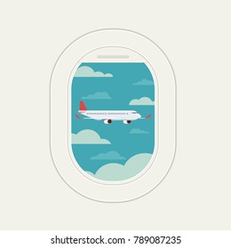 View plane window see plane fly at travel sky and clound background bule, Vector Illustration