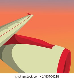 View of Plane Wing in Sky. Vintage Vector Illustration