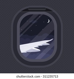 the view of plane wing through illuminator, flat style illustration, travel, around the world concept
