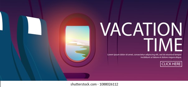 View of plane's cabin windows with view of plane wing can see tropical sea coast with clear sea water and blue sky in early morning sky with sunrise,and text-VACATION TIME in horizontal poster style