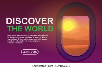 View of plane's cabin windows with view of tropical sea coast with clear sea water in early morning sky in orange yellow tone with sunrise,and text-Discover The World in horizontal poster style