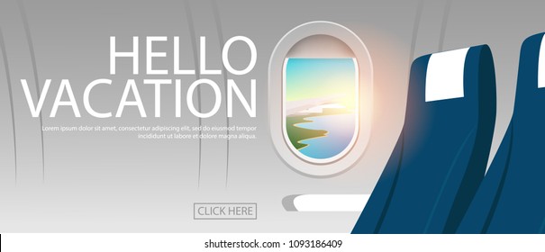 View of plane's cabin windows with view of plane's wing can see tropical sea coast with clear sea water and blue sky in hot summer day, also text-HELLO VACATION in horizontal poster background style