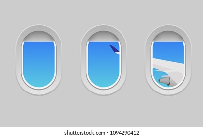 View of plane's cabin windows with view of plane's wing can see tropical sea coast with clear sea water in hot summer day for wallpaper,background or backdrop