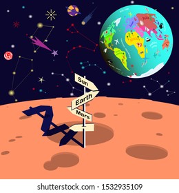 View of planet Earth from the moon. Space in cartoon style. Vector illustration.