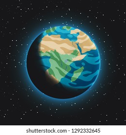 View of the planet Earth with partly visible dark side from space. Glowing blue sphere with oceans, continents and clouds in the atmosphere with dark cosmos and stars in the background. Vector icon.
