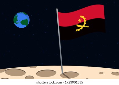 View of planet Earth from the surface of the Moon with the Angola flag and holes on the ground