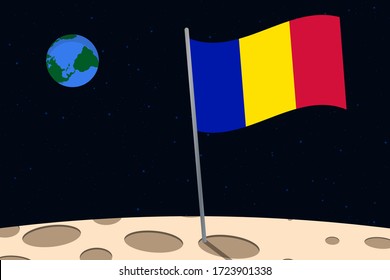 View of planet Earth from the surface of the Moon with the Andorra flag and holes on the ground