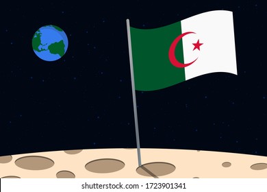 View of planet Earth from the surface of the Moon with the Algeria flag and holes on the ground