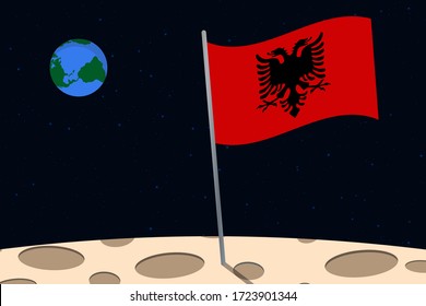 View of planet Earth from the surface of the Moon with the Albania flag and holes on the ground