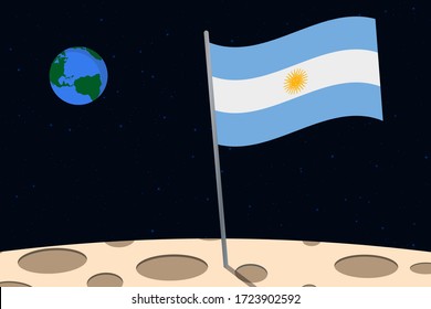 View of planet Earth from the surface of the Moon with the Argentina flag and holes on the ground