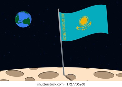 View of planet Earth from the surface of the Moon with the Kazakhstan flag and holes on the ground