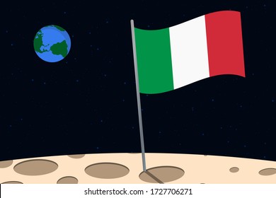 View of planet Earth from the surface of the Moon with the Italy flag and holes on the ground