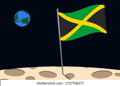 View of planet Earth from the surface of the Moon with the Jamaica flag and holes on the ground