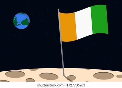 View of planet Earth from the surface of the Moon with the Ivory Coast flag and holes on the ground