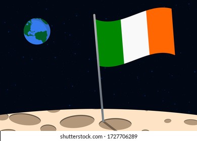 View of planet Earth from the surface of the Moon with the Ireland flag and holes on the ground