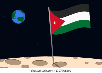 View of planet Earth from the surface of the Moon with the Jordan flag and holes on the ground