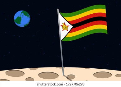 View of planet Earth from the surface of the Moon with the Zimbabwe flag and holes on the ground