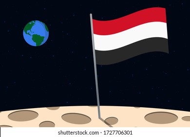 View of planet Earth from the surface of the Moon with the Yemen flag and holes on the ground