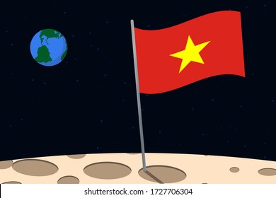 View of planet Earth from the surface of the Moon with the Vietnam flag and holes on the ground