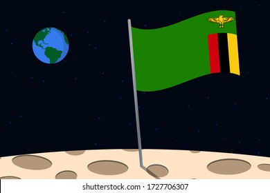 View of planet Earth from the surface of the Moon with the Zambia flag and holes on the ground