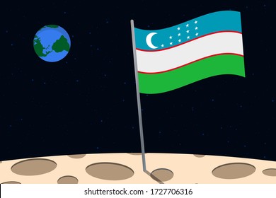 View of planet Earth from the surface of the Moon with the Uzbekistan flag and holes on the ground