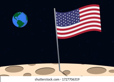 View of planet Earth from the surface of the Moon with the USA flag and holes on the ground