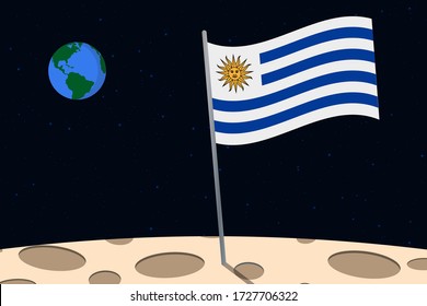 View of planet Earth from the surface of the Moon with the Uruguay flag and holes on the ground