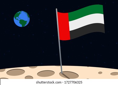 View of planet Earth from the surface of the Moon with the United Arab Emirates flag and holes on the ground